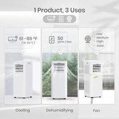 Air Conditioner 10,000 BTU Quiet and 3-in-1 AC Dehumidifier Fan Easier to Install for Rooms Up to 250 sq ft White
