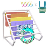Pool Towel Rack, 8 Bar, White, Freestanding Outdoor PVC Triangular Poolside Storage Organizer, Include 8 Towel Clips, Mesh Bag, Hook, Also Stores Floats and Paddles