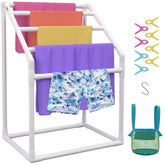 Pool Towel Rack, 5 Bar, White, Freestanding Outdoor PVC Trapedozal Poolside Storage Organizer, Include 8 Towel Clips, Mesh Bag, Hook, Also Stores Floats and Paddles, for Beach, Swimming Pool