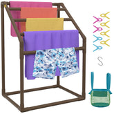 Pool Towel Rack, 5 Bar, Brown, Freestanding Outdoor PVC Trapedozal Poolside Storage Organizer, Include 8 Towel Clips, Mesh Bag, Hook, Also Stores Floats and Paddles, for Beach, Swimming Pool