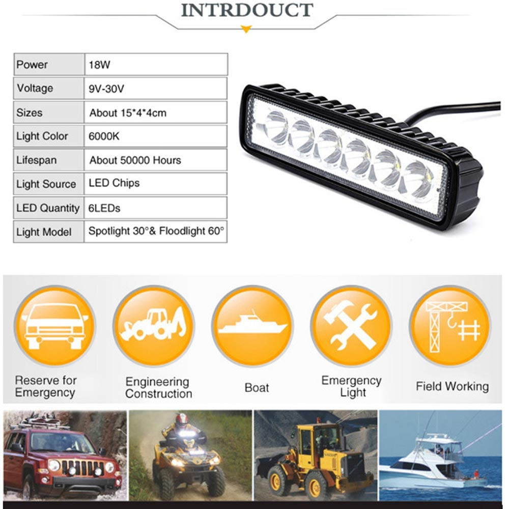 18W 6 LED Work Light Bar Flood Spot Lamp Offroad Driving Fog 4WD SUV Truck