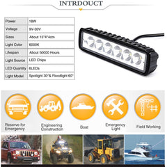 18W 6 LED Work Light Bar Flood Spot Lamp Offroad Driving Fog 4WD SUV Truck