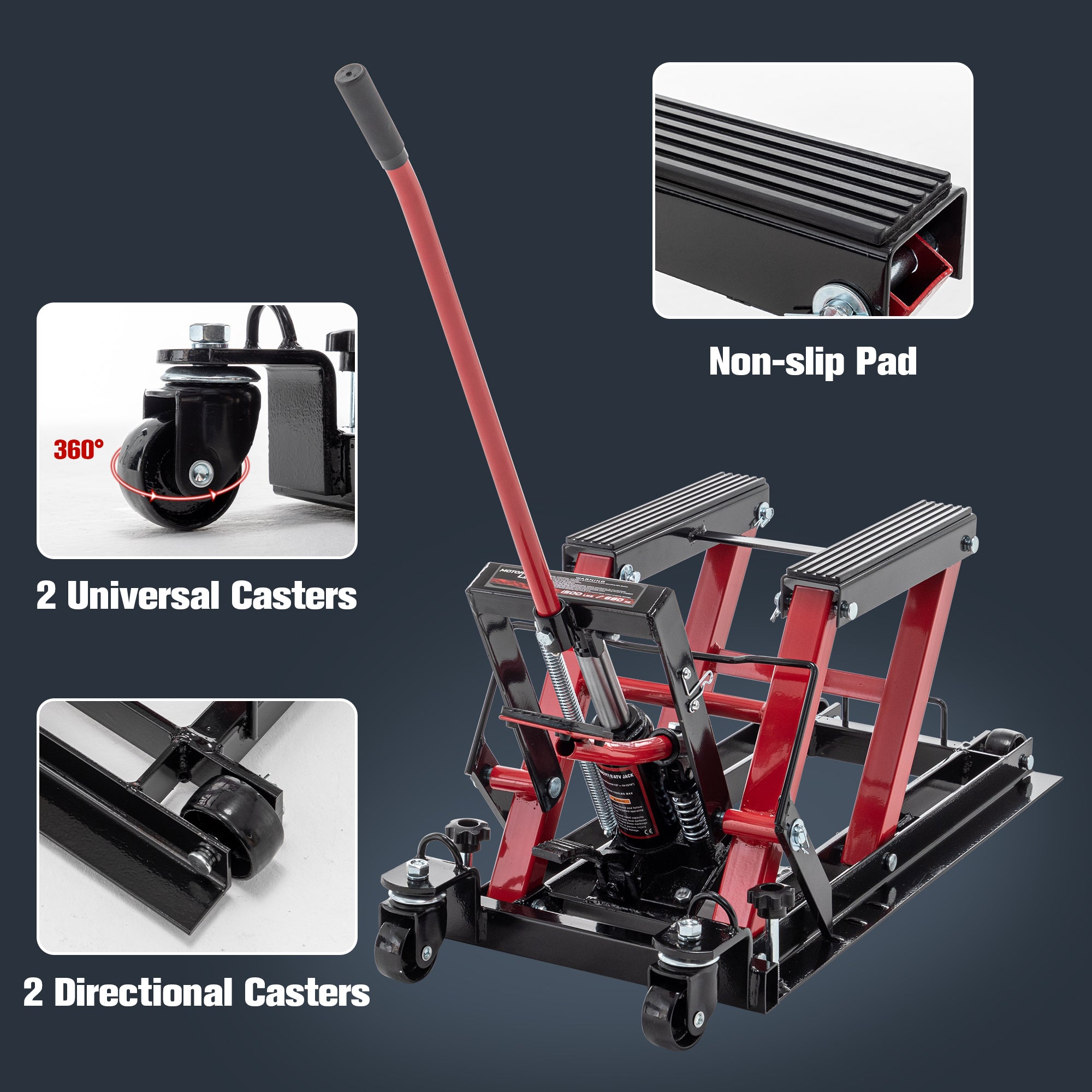 Hydraulic Motorcycle Lift Jack, 1500 LBS Capacity Foot-Operated Motorcycle Lift Table, ATV Scissor Lift Jack with 4.5" - 15" Lifting Range, Portable Motorcycle Lift Table with 4 Wheels.