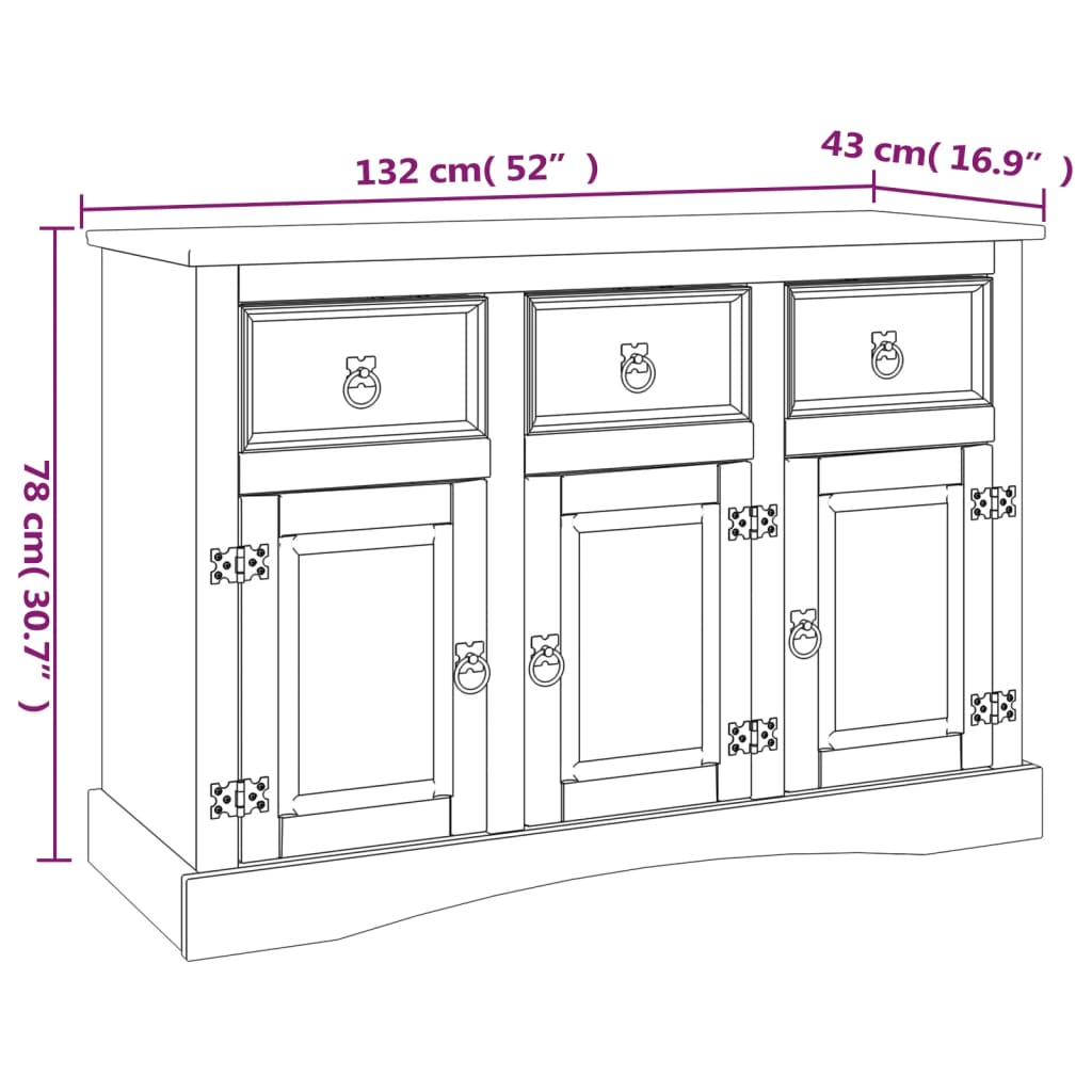 Sideboard in Solid Mexican Pinewood Corona Range 52x16.9x30.7