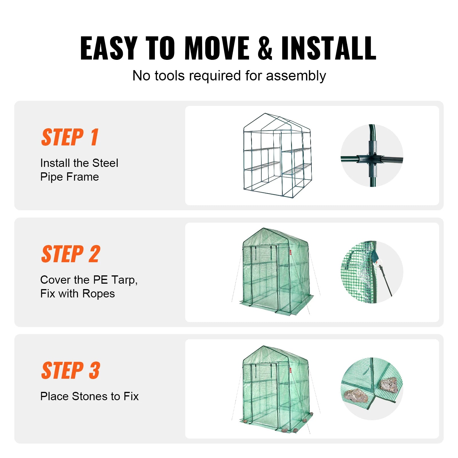 Walk-in Greenhouse with Shelves High Strength PE Cover with Doors & Windows and Steel Frame for Planting