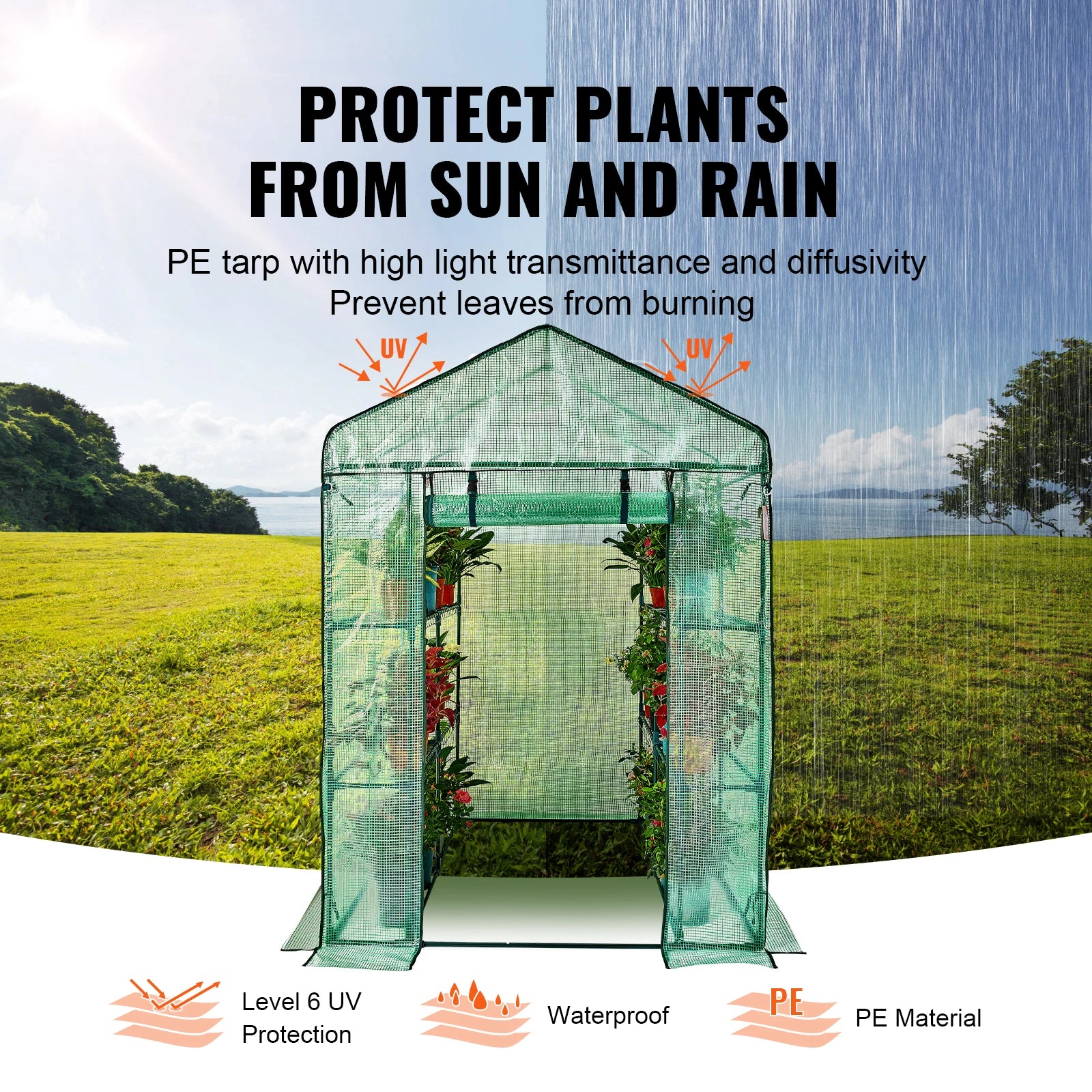 Walk-in Greenhouse with Shelves High Strength PE Cover with Doors & Windows and Steel Frame for Planting