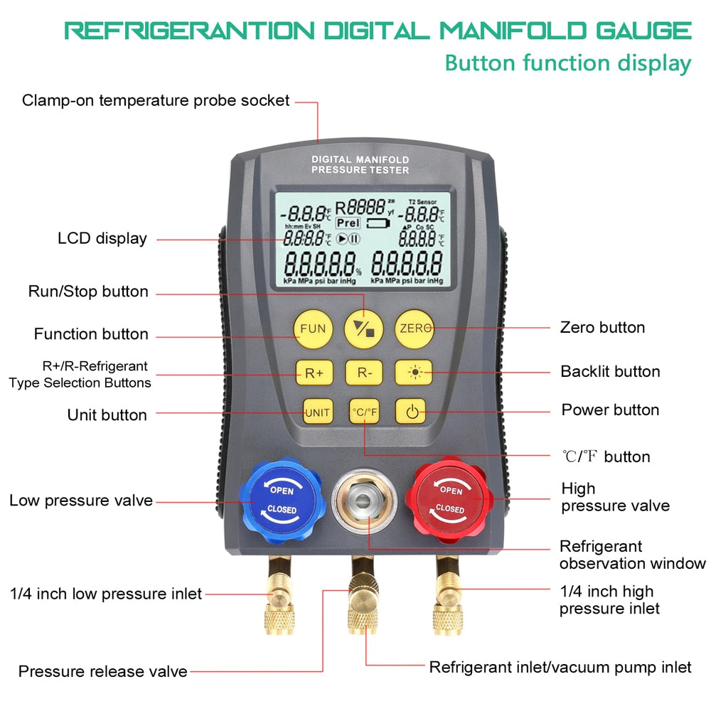 Pressure Gauge Refrigeration Digital Vacuum Pressure Manifold Tester
