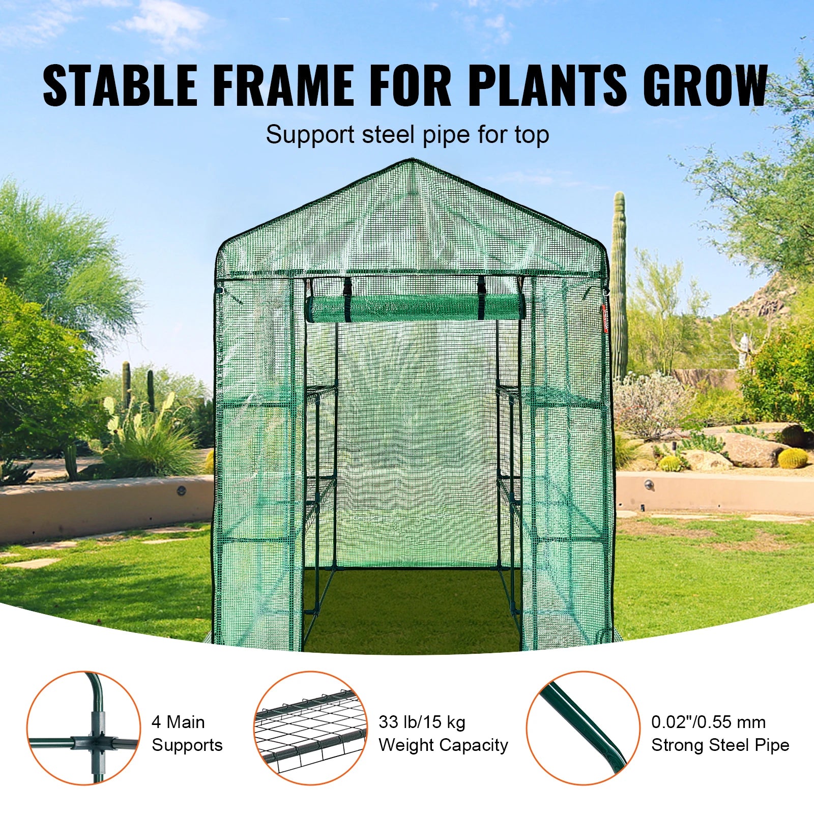 Walk-in Greenhouse with Shelves High Strength PE Cover with Doors & Windows and Steel Frame for Planting
