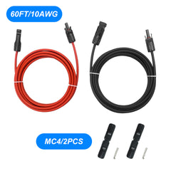 60 Feet Solar Extension Cable 10AWG with Female and Male Connector (60 Feet Red+60 Feet Black)