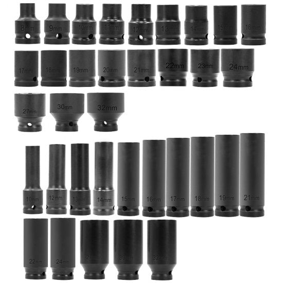 35pcs 1/2" Deep Impact Socket Set Metric Drive 8-32mm Impact Sockets