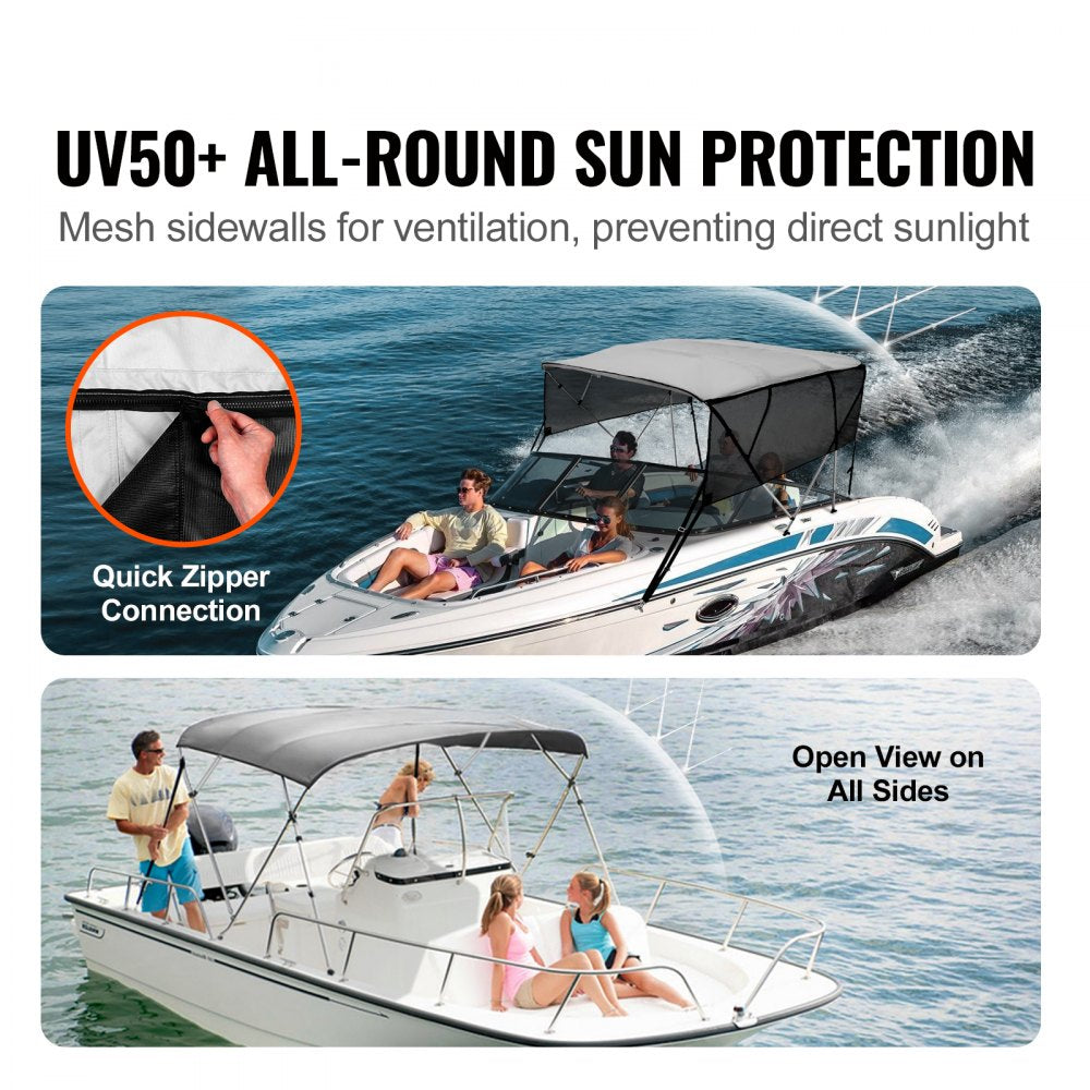 4 Bow Bimini Top Boat Cover, Detachable Mesh Sidewalls, 600D Polyester Canopy with 1" Aluminum Alloy Frame, Includes Storage Boot, 2 Straps, 2 Support Poles, 8`L x 54"H x 79"-84"W, Light Grey