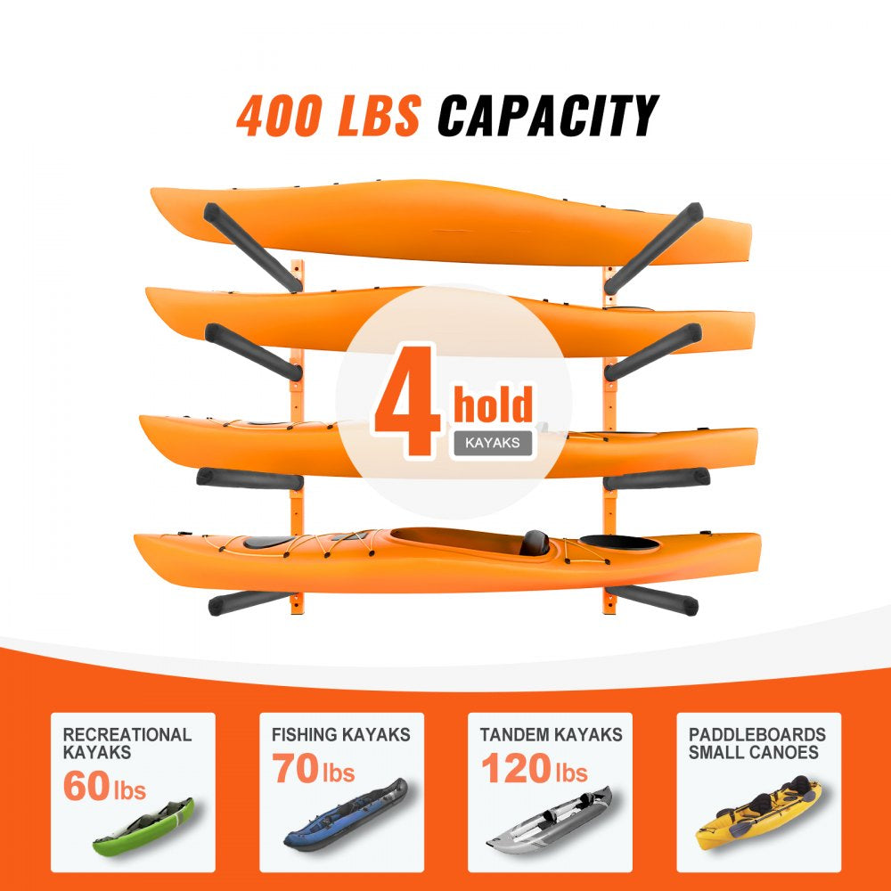 Wall Kayak Storage Rack, 4-Capacity Wall Mounted Kayak Holders for Kayak Canoe Paddle Board, Kayak Storage Hooks with Adjustable Padded Arms, 400 LBS Load Kayak Hanger for Indoor Outdoor Garage