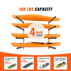 Wall Kayak Storage Rack, 4-Capacity Wall Mounted Kayak Holders for Kayak Canoe Paddle Board, Kayak Storage Hooks with Adjustable Padded Arms, 400 LBS Load Kayak Hanger for Indoor Outdoor Garage