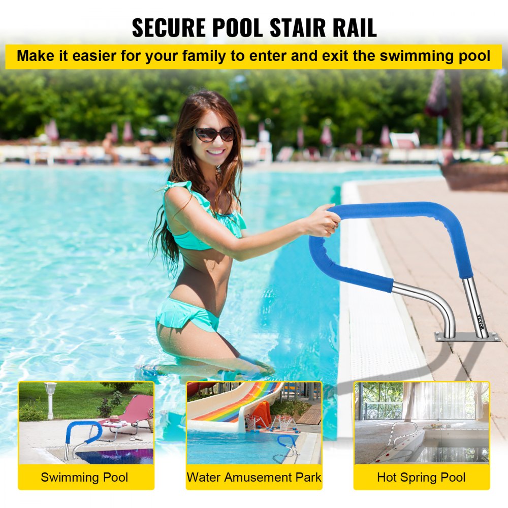Pool Rail 32x23 Pool Railing 304 Stainless Steel 250LBS Load Capacity Silver Rustproof Pool Handrail Humanized Swimming Pool Handrail with Blue Grip Cover & M8 Drill Bit & Self-Taping Screws