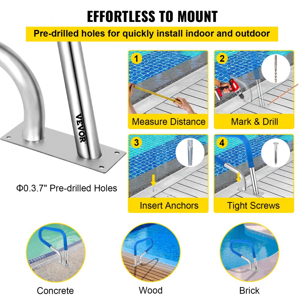 Pool Rail 32x23 Pool Railing 304 Stainless Steel 250LBS Load Capacity Silver Rustproof Pool Handrail Humanized Swimming Pool Handrail with Blue Grip Cover & M8 Drill Bit & Self-Taping Screws