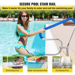 39x32 Pool Railing 304 Stainless Steel 250 lbs Load Capacity Silver Rust-Proof Pool Handrail With Blue Grip Covers and M8 Drill Bit and Self-Tapping Screws