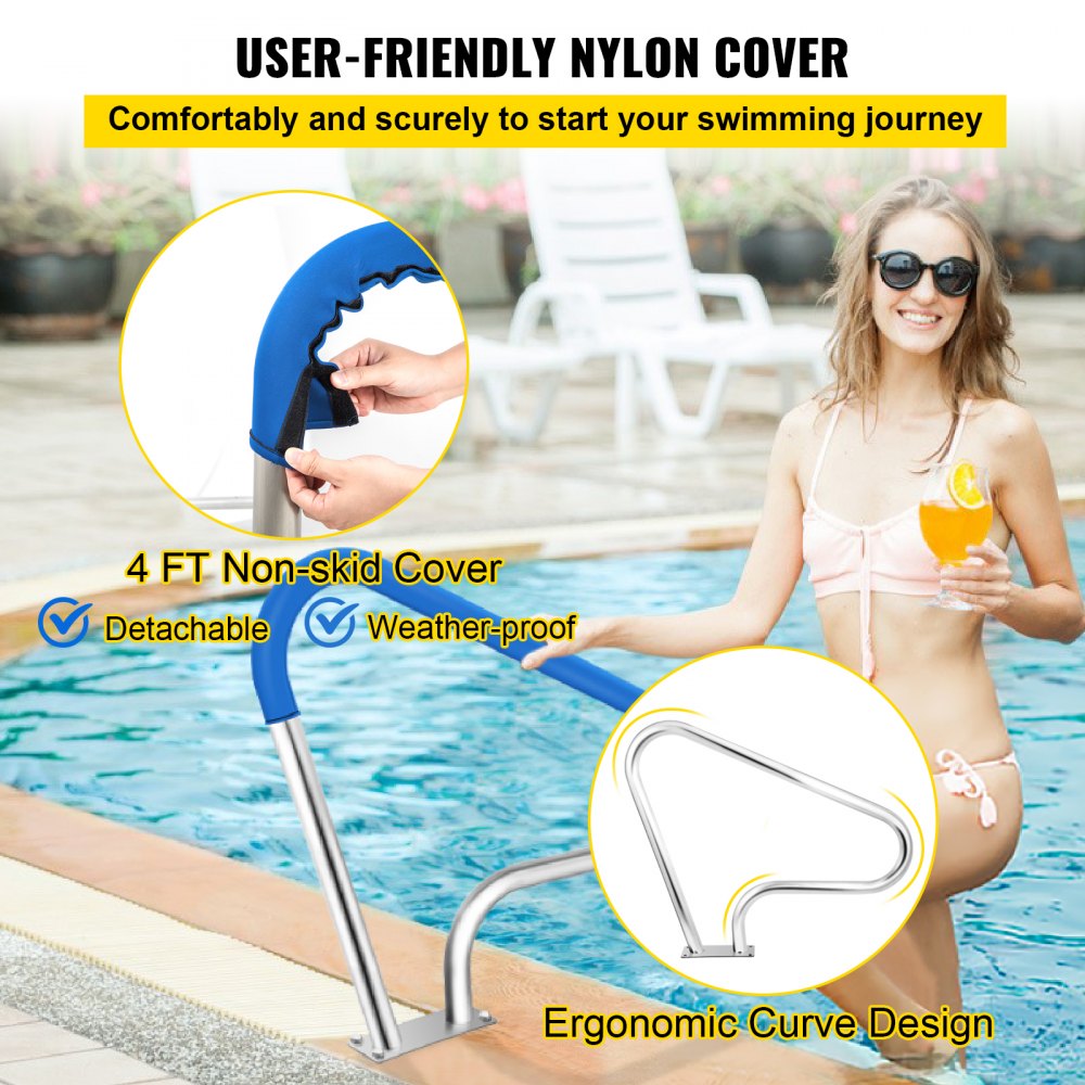 39x32 Pool Railing 304 Stainless Steel 250 lbs Load Capacity Silver Rust-Proof Pool Handrail With Blue Grip Covers and M8 Drill Bit and Self-Tapping Screws