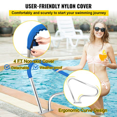 39x32 Pool Railing 304 Stainless Steel 250 lbs Load Capacity Silver Rust-Proof Pool Handrail With Blue Grip Covers and M8 Drill Bit and Self-Tapping Screws