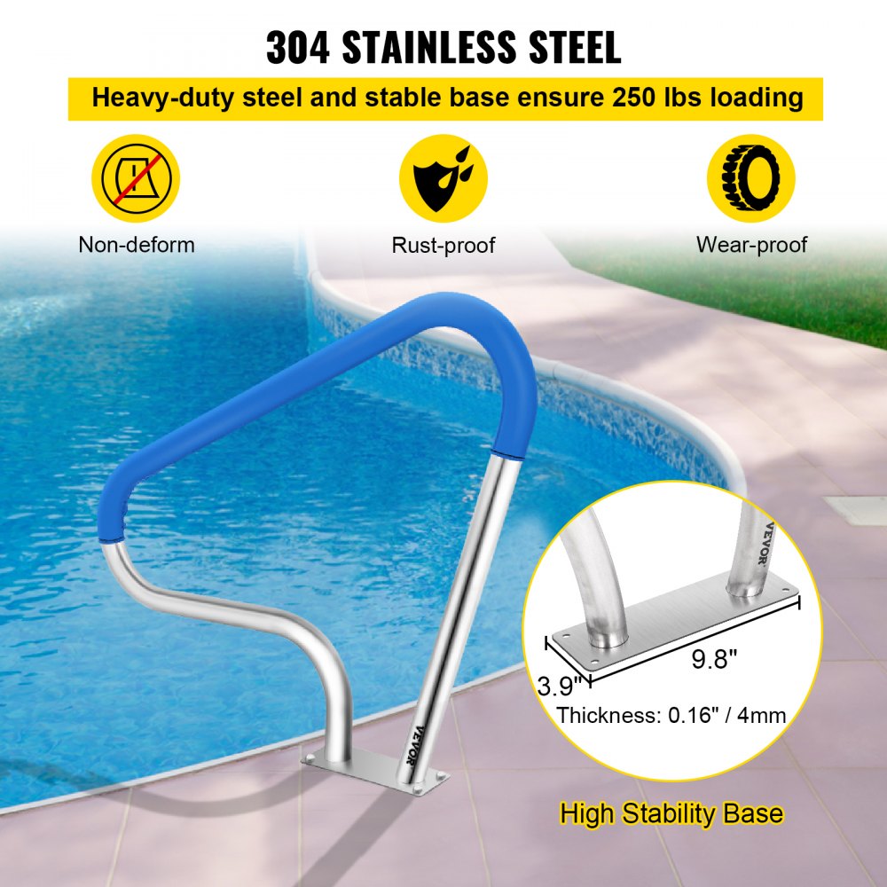 39x32 Pool Railing 304 Stainless Steel 250 lbs Load Capacity Silver Rust-Proof Pool Handrail With Blue Grip Covers and M8 Drill Bit and Self-Tapping Screws