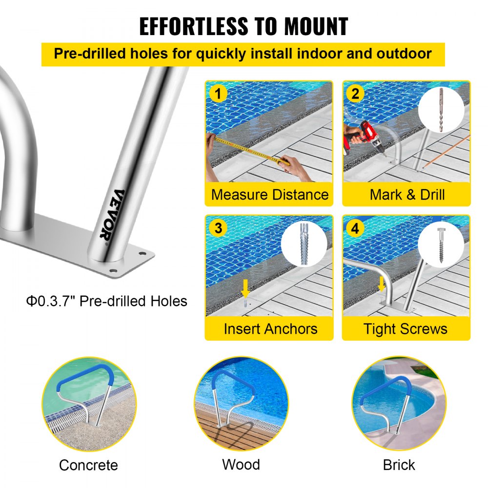 39x32 Pool Railing 304 Stainless Steel 250 lbs Load Capacity Silver Rust-Proof Pool Handrail With Blue Grip Covers and M8 Drill Bit and Self-Tapping Screws