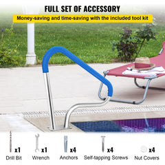 39x32 Pool Railing 304 Stainless Steel 250 lbs Load Capacity Silver Rust-Proof Pool Handrail With Blue Grip Covers and M8 Drill Bit and Self-Tapping Screws
