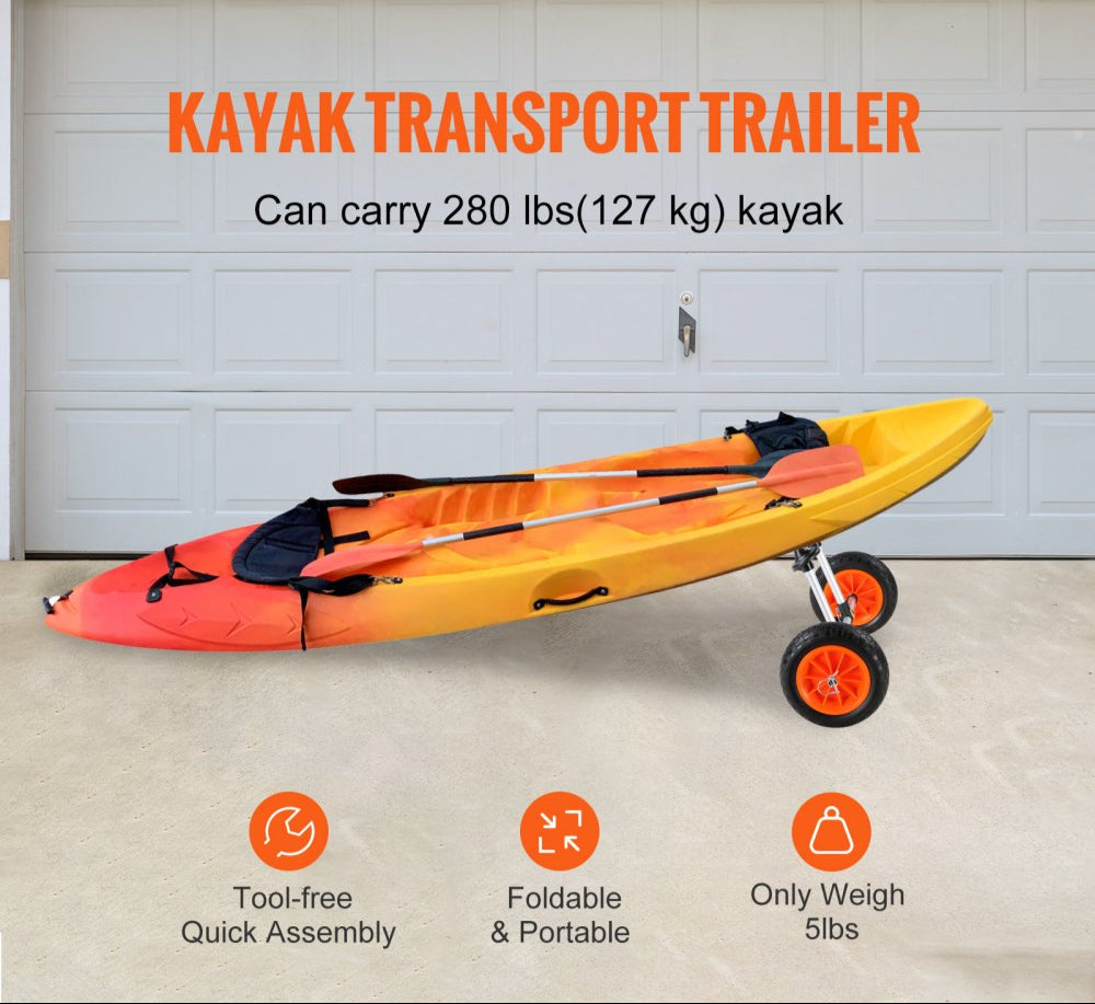 Heavy Duty Kayak Cart, 280lbs Load Capacity, Detachable Canoe Trolley Cart with 10'' Solid Tires, Adjustable Width & Top Foam Protection, for Kayaks with Drain Holes of 2.54cm and Above