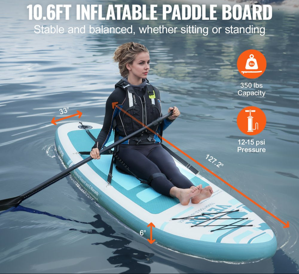 Inflatable Stand Up Paddle Board, 10.6' x 33" x 6" Wide SUP Paddleboard with Removable Kayak Seat, Board Accessories, Pump, Paddle, Fin, Backpack, Ankle Leash, and Repair Kit, for Youth & Adults
