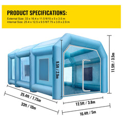 33x16.4x11.5ft Inflatable Spray Booth Car Paint Booth Tent with 2 Blowers