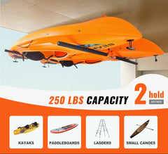 Kayak Ceiling Storage Rack, Ceiling Storage Rack for 2 Kayak Canoe SUP, Adjustable Height Overhead Kayak Holder Hanger with Padded Arms, 250 LBS Max Load, for Indoor Outdoor Storage