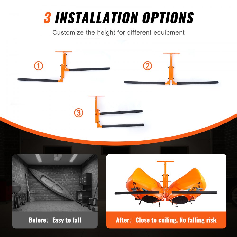 Kayak Ceiling Storage Rack, Ceiling Storage Rack for 2 Kayak Canoe SUP, Adjustable Height Overhead Kayak Holder Hanger with Padded Arms, 250 LBS Max Load, for Indoor Outdoor Storage