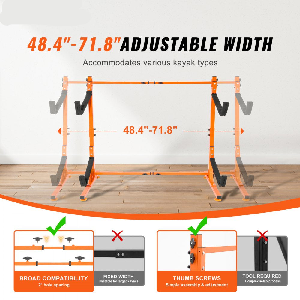 Freestanding Kayak Storage Rack, Kayak Stand for 2 Kayak Canoe Paddleboard, Heavy-duty Steel Kayak Hanger Holder with Padded Arms and Adjustable Width, 175LBS Max Load, for Indoor Outdoor Garage