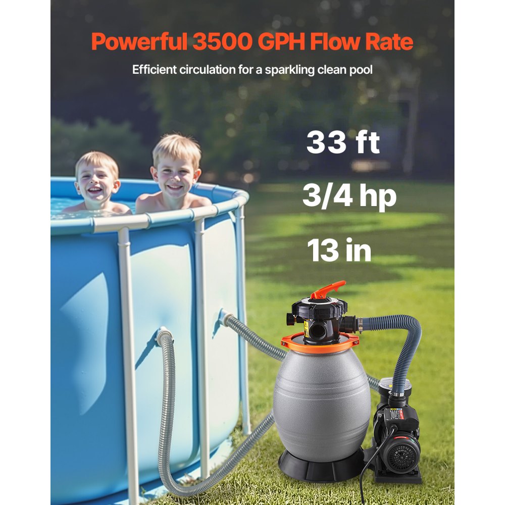 13 in Sand Filter Pump for Above Ground Swimming Pools 3/4 HP 3500 GPH Flow Rate