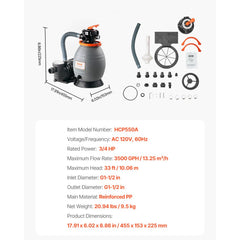 13 in Sand Filter Pump for Above Ground Swimming Pools 3/4 HP 3500 GPH Flow Rate