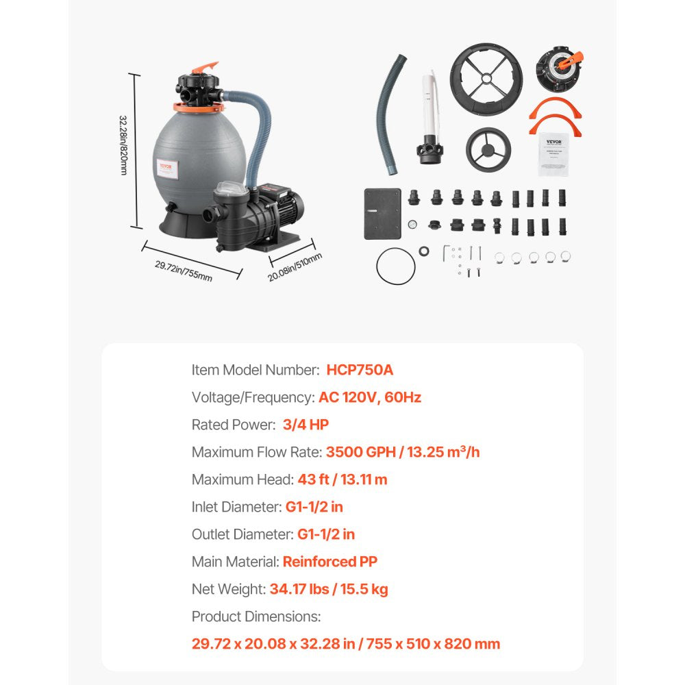 16 in Sand Filter Pump for Above Ground Swimming Pools 3/4 HP 3500 GPH Flow Rate