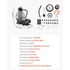 16 in Sand Filter Pump for Above Ground Swimming Pools 3/4 HP 3500 GPH Flow Rate