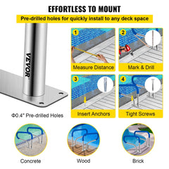 Pool Handrail, 32 x 22.5 Swimming Pool Stair Rail, 304 Stainless Steel Stair Pool Hand Rail Rated 375lbs Load Capacity, Pool Rail with Quick Mount Base Plate, and Complete Mounting Accessories