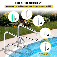 Pool Handrail, 32 x 22.5 Swimming Pool Stair Rail, 304 Stainless Steel Stair Pool Hand Rail Rated 375lbs Load Capacity, Pool Rail with Quick Mount Base Plate, and Complete Mounting Accessories