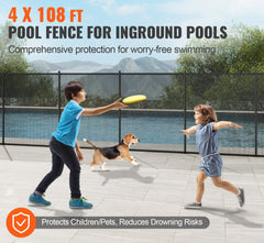 Pool Fence, 4 x 108 FT Pool Fences for Inground Pools, Removable Child Safety Pool Fencing, Easy DIY Installation Swimming Pool Fence, 340gms Teslin PVC Pool Fence Mesh Protects Kids and Pets