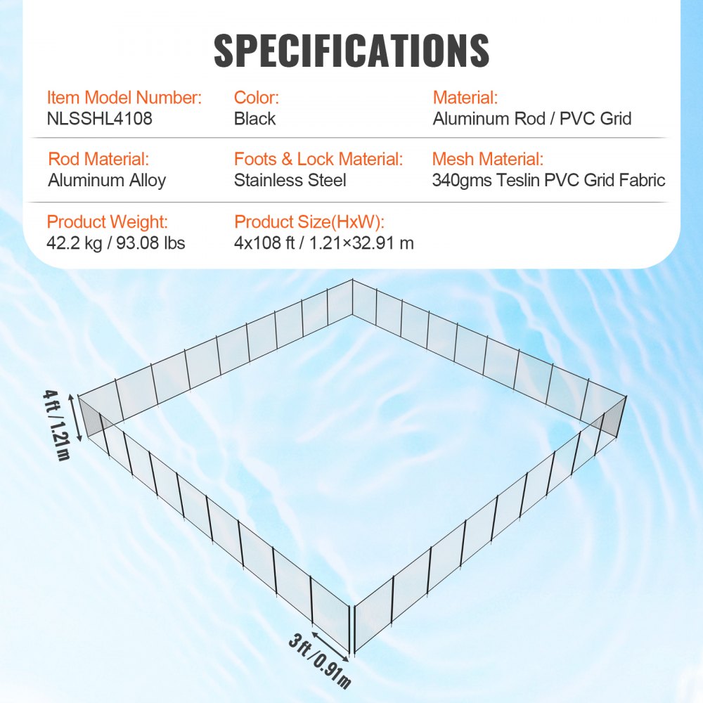 Pool Fence, 4 x 108 FT Pool Fences for Inground Pools, Removable Child Safety Pool Fencing, Easy DIY Installation Swimming Pool Fence, 340gms Teslin PVC Pool Fence Mesh Protects Kids and Pets