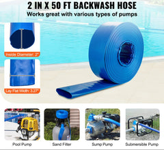 Backwash Hose, 2 in x 50 ft, Heavy-Duty PVC Flat Pool Discharge Hose with Clamps, Weather and Burst Resistant, Compatible with Pumps, Sand Filters, for Swimming Pools Waste Water Draining, Blue