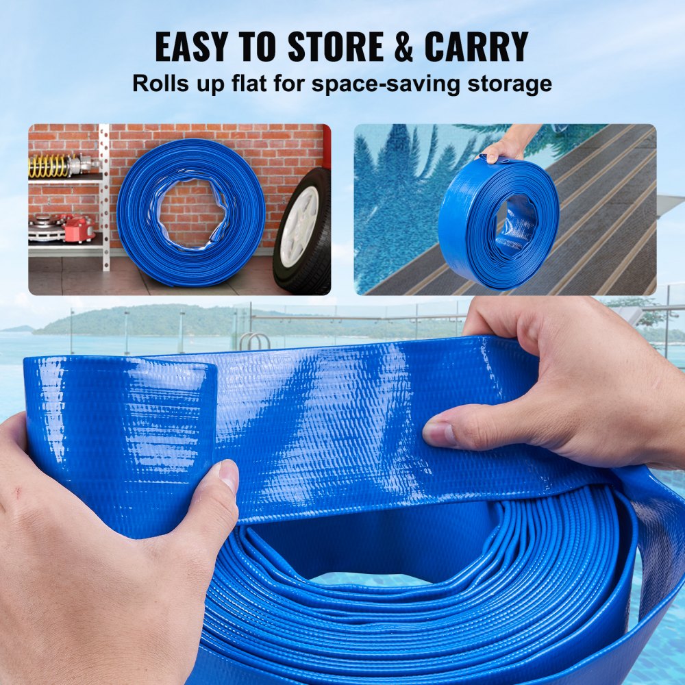 Backwash Hose, 2 in x 50 ft, Heavy-Duty PVC Flat Pool Discharge Hose with Clamps, Weather and Burst Resistant, Compatible with Pumps, Sand Filters, for Swimming Pools Waste Water Draining, Blue