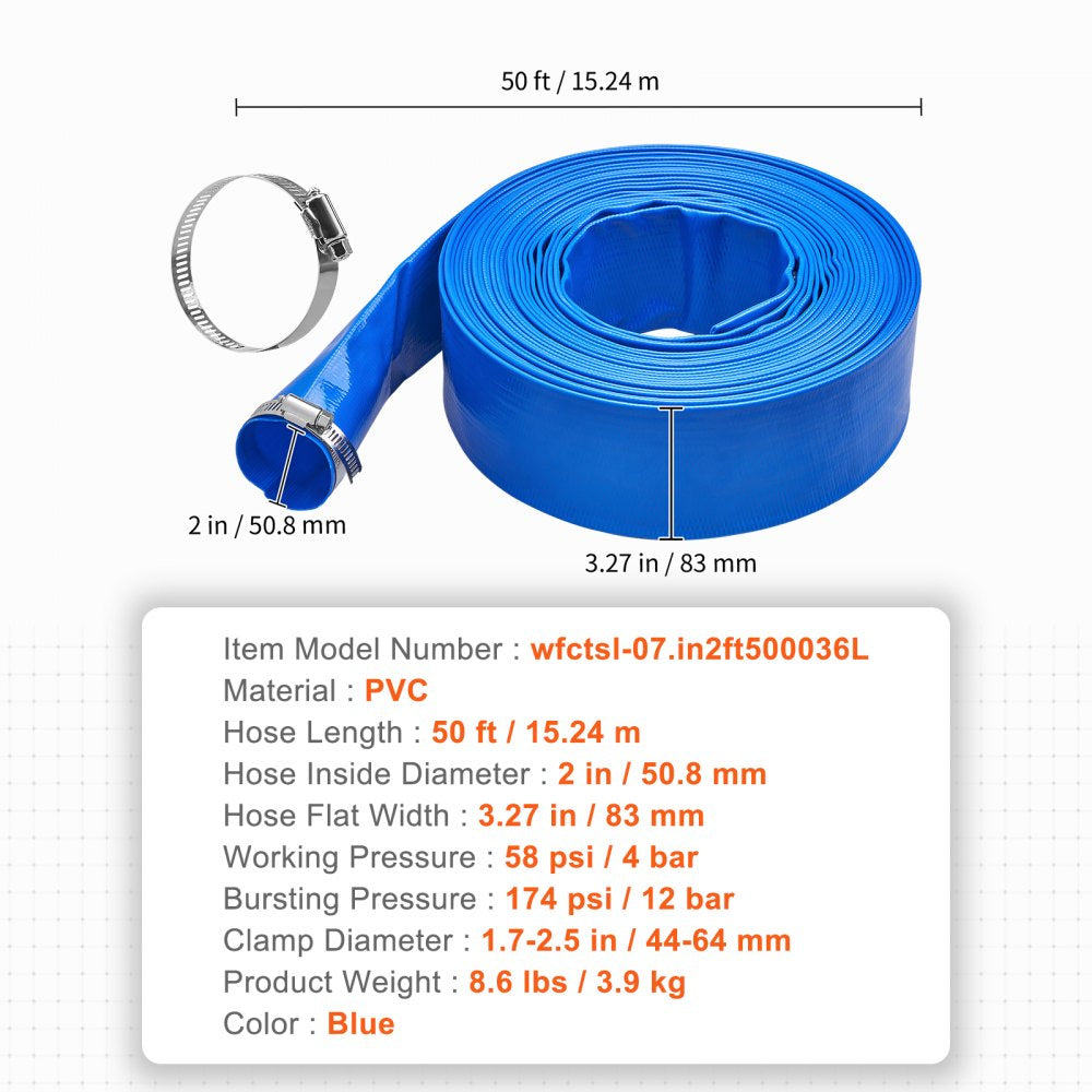 Backwash Hose, 2 in x 50 ft, Heavy-Duty PVC Flat Pool Discharge Hose with Clamps, Weather and Burst Resistant, Compatible with Pumps, Sand Filters, for Swimming Pools Waste Water Draining, Blue