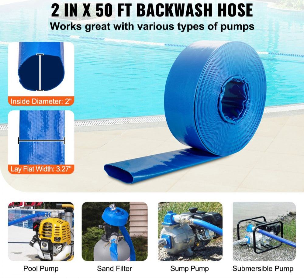 Backwash Hose, 2 in x 50 ft, Heavy-Duty PVC Flat Pool Discharge Hose with Aluminum Camlock C & E Fittings, Clamps, Compatible with Pumps, Sand Filters, for Swimming Pools Waste Water Drain, Blue