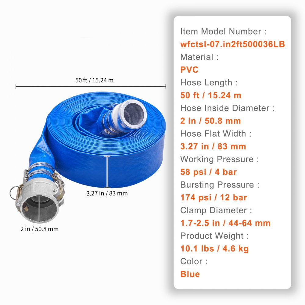 Backwash Hose, 2 in x 50 ft, Heavy-Duty PVC Flat Pool Discharge Hose with Aluminum Camlock C & E Fittings, Clamps, Compatible with Pumps, Sand Filters, for Swimming Pools Waste Water Drain, Blue