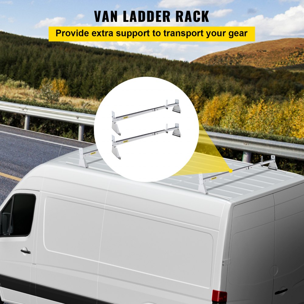 Van Roof Ladder Rack, 2 Bars, 331 LBS Capacity, 52"-63.8" Adjustable Steel Roof Rack Cross Bar with Ladder Stoppers, Fit Vans with Rain Gutters, for Kayak Canoe Lumber Pipe Cargo,, White
