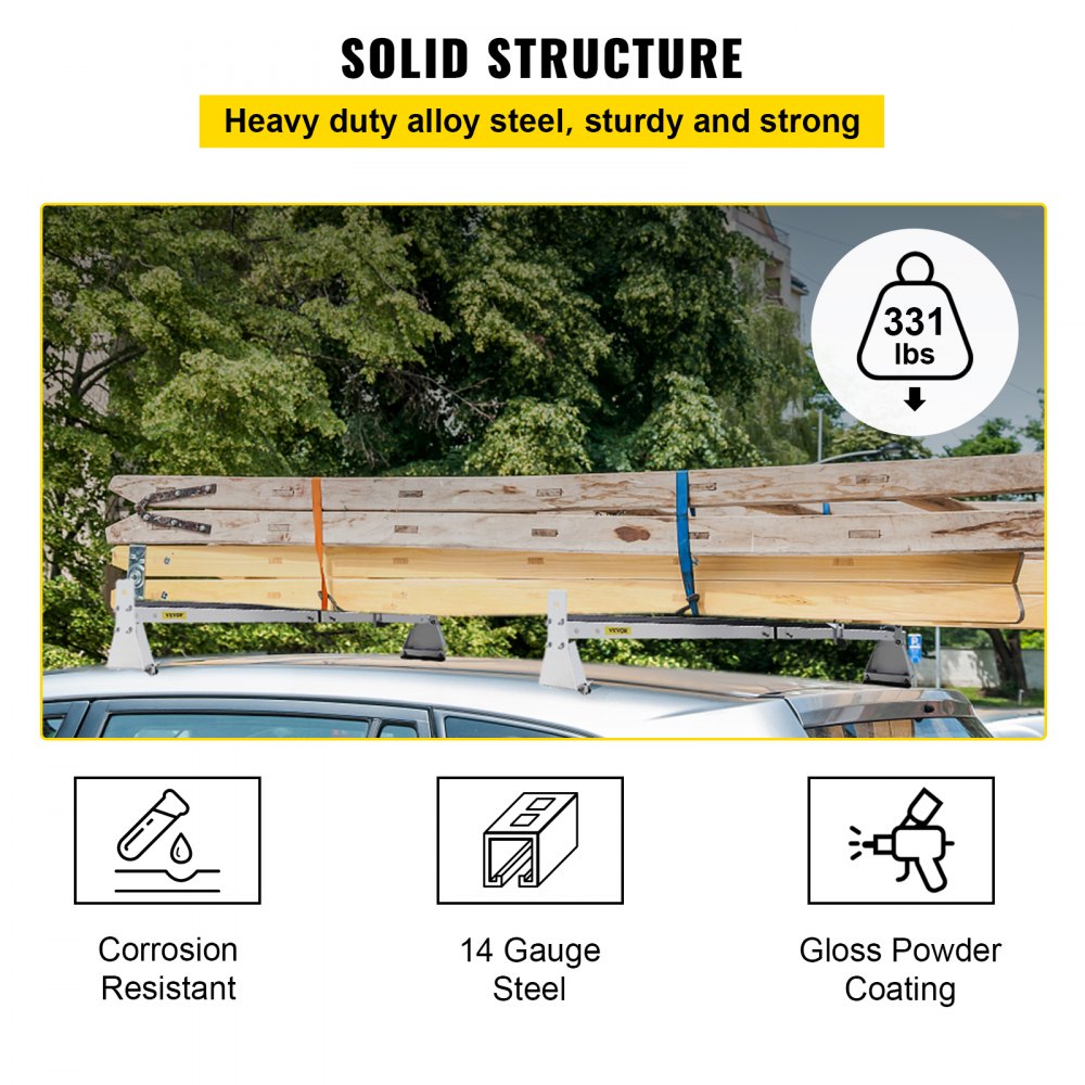 Van Roof Ladder Rack, 2 Bars, 331 LBS Capacity, 52"-63.8" Adjustable Steel Roof Rack Cross Bar with Ladder Stoppers, Fit Vans with Rain Gutters, for Kayak Canoe Lumber Pipe Cargo,, White