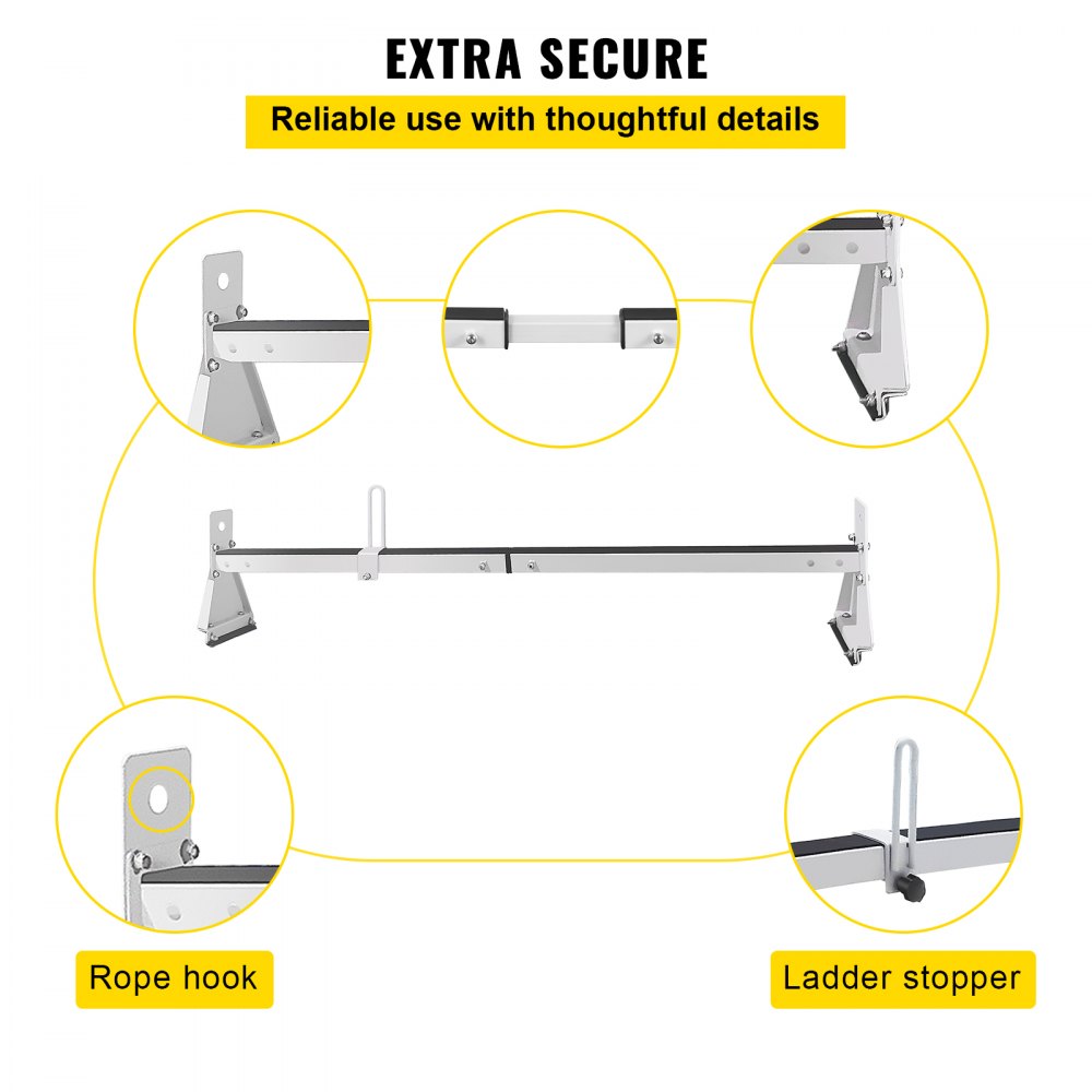 Van Roof Ladder Rack, 2 Bars, 331 LBS Capacity, 52"-63.8" Adjustable Steel Roof Rack Cross Bar with Ladder Stoppers, Fit Vans with Rain Gutters, for Kayak Canoe Lumber Pipe Cargo,, White