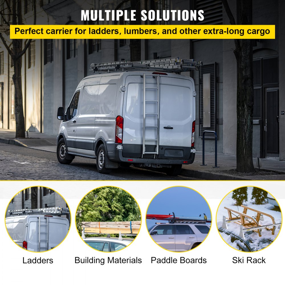 Van Roof Ladder Rack, 2 Bars, 331 LBS Capacity, 52"-63.8" Adjustable Steel Roof Rack Cross Bar with Ladder Stoppers, Fit Vans with Rain Gutters, for Kayak Canoe Lumber Pipe Cargo,, White