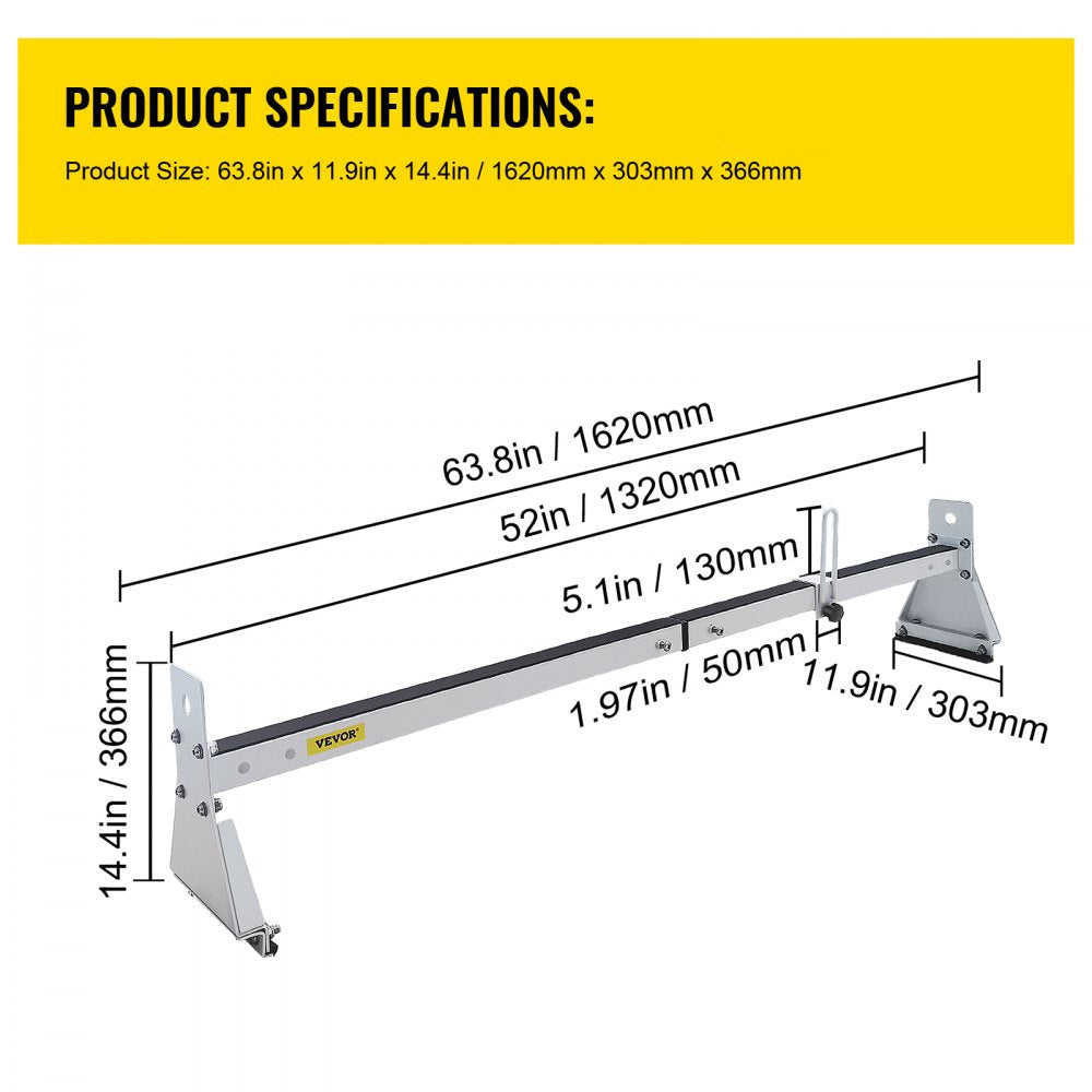 Van Roof Ladder Rack, 2 Bars, 331 LBS Capacity, 52"-63.8" Adjustable Steel Roof Rack Cross Bar with Ladder Stoppers, Fit Vans with Rain Gutters, for Kayak Canoe Lumber Pipe Cargo,, White