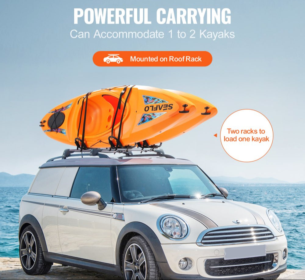 Kayak Roof Rack 2 Pairs J-Bar, Soft Roof Rack Quick Folding, Top Mount Tie Down, Carrier for kayak, Surf Board, Canoe, SUP, Ski Board, Mount on Car, SUV, Truck, 2 Kayaks